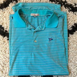 Peter Millar Light Blue and Pink Striped Golf Polo Shirt (L)